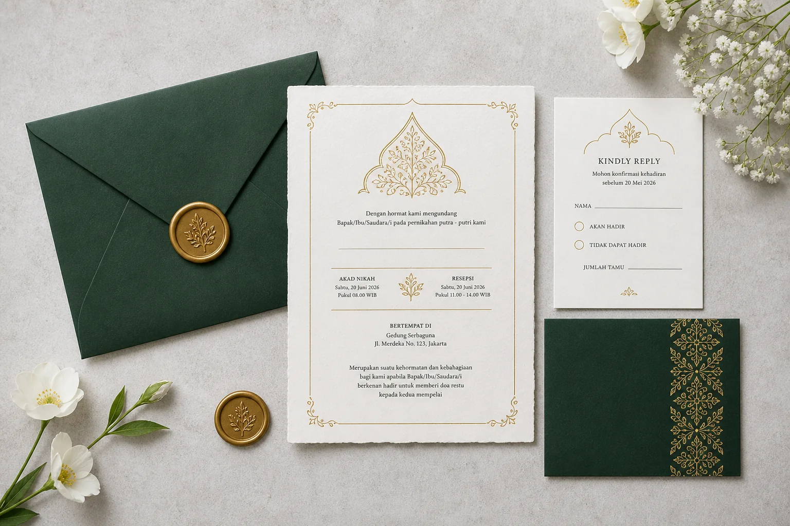 Koleksi undangan pernikahan cetak dengan amplop dan RSVP